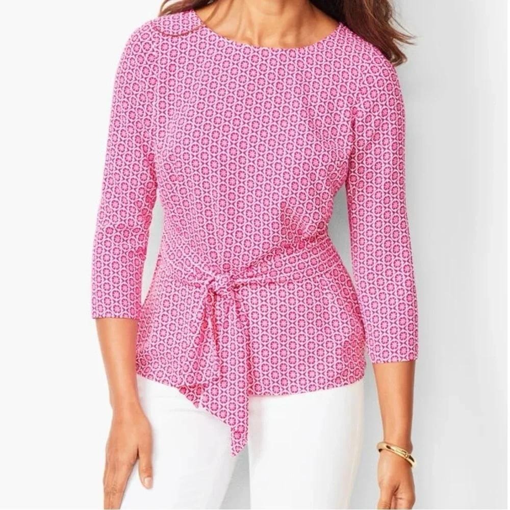 Talbots Womens‎ Pink White Geometric Medallion Tie Waist Blouse Top Size M